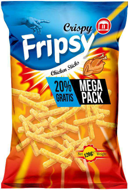 Fripsy Crispy Chicken Sticks Mega Pack 120 g – knusprige Hähnchen-Snacks im Großpack für den internationalen Snack- und Lebensmittelgroßhandel.
