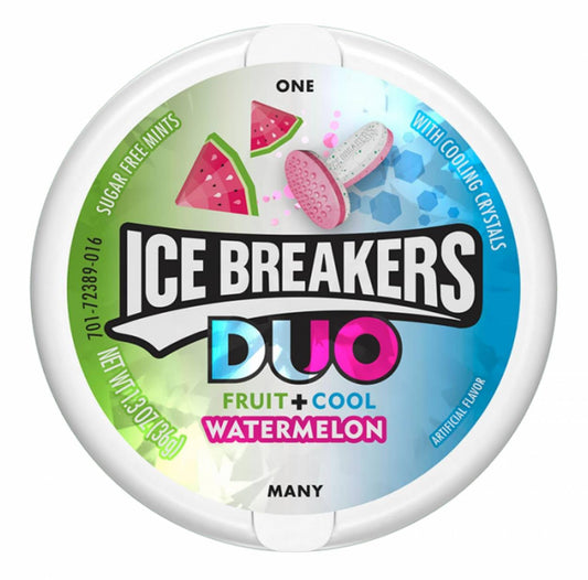 Ice Breakers Duo Watermelon – runde Dose mit Frucht- und Cooling-Crystals-Bonbons in Watermelon-Geschmack