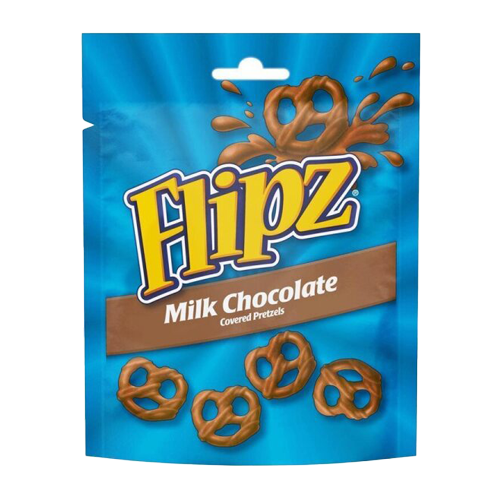 Flipz Milk Chocolate – Brezeln mit Milchschokoladenüberzug im blauen Standbeutel.